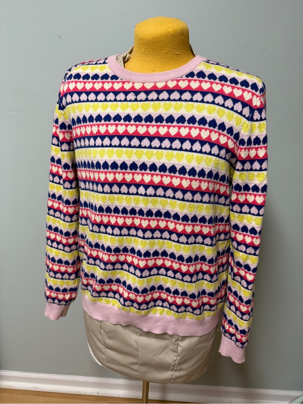 Boden Pink Multi Heart Stripe Crewneck Sweater